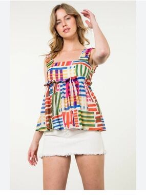 THML "Marjorie" Coquette Flirty Summer Multicolor Striped Ruffle Smocked Top  L